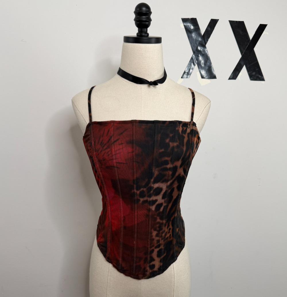 Y2K Windsor Leopard Floral Mesh Boned Corset Cami Top Zip Back Fitted L
